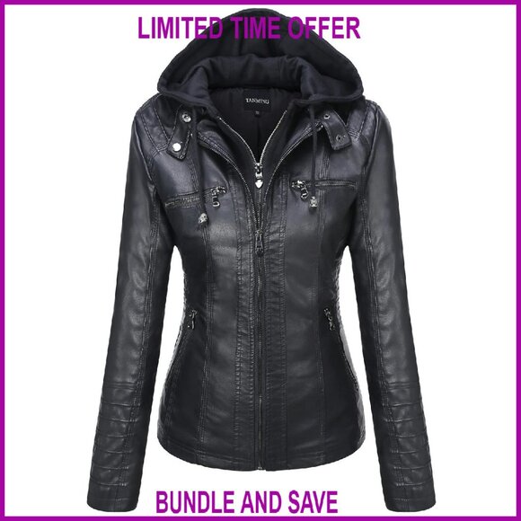 Faux Leather Moto Jacket with Detachable Hood Slim Fit Women's Outerwear